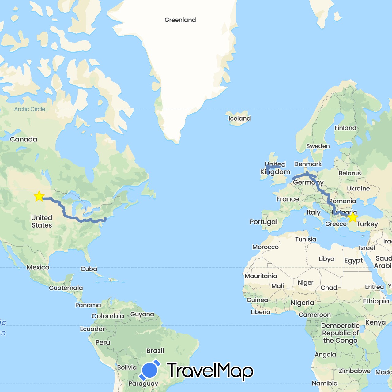 TravelMap itinerary: cycling in Austria, Bulgaria, Czech Republic, Germany, United Kingdom, Croatia, Hungary, Ireland, Macedonia, Netherlands, Serbia, Slovakia, Turkey, United States, Kosovo (Asia, Europe, North America)