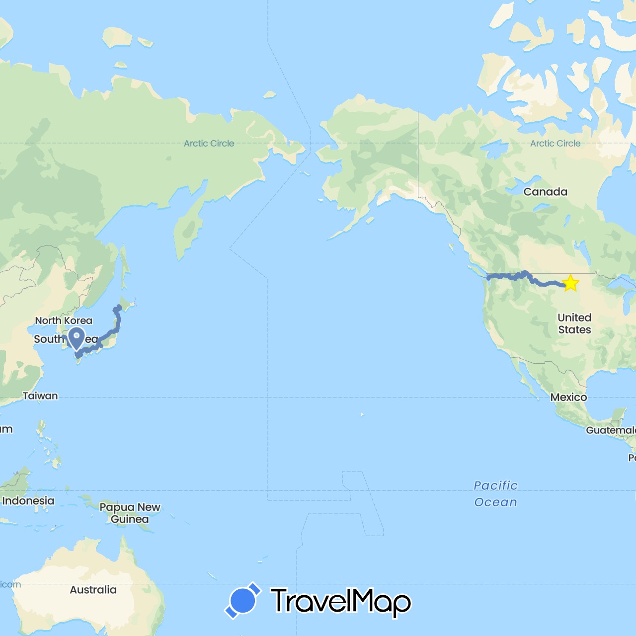 TravelMap itinerary: driving, cycling in Canada, Japan, South Korea, United States (Asia, North America)